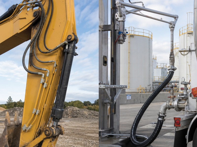 Oil hoses in service: a hydraulic line on construction equipment and an oil transfer hose at a tank farm