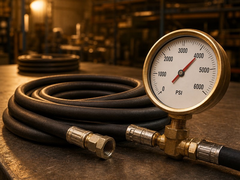oil hose with a hydraulic pressure gauge showing working pressure in an industrial workshop