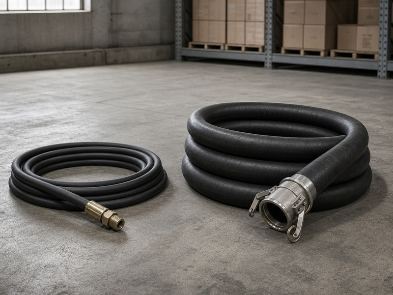 Oil hose and petroleum hose coils side by side on a warehouse floor with a hydraulic hose assembly and a fuel transfer hose assembly