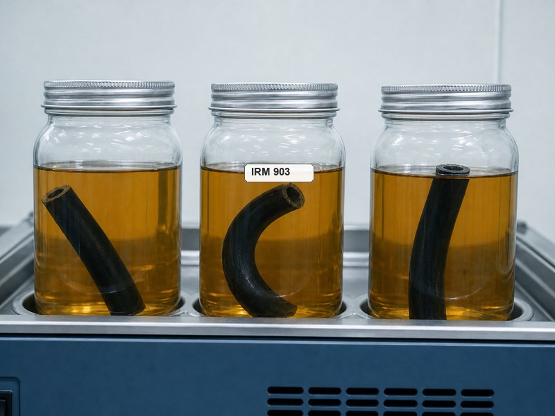 Rubber hose samples immersed in glass jars of IRM 903 reference oil during an oil resistance test in a laboratory