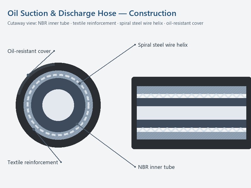 Cutaway view showing the NBR inner tube, textile reinforcement layers, spiral steel wire helix, and oil-resistant cover