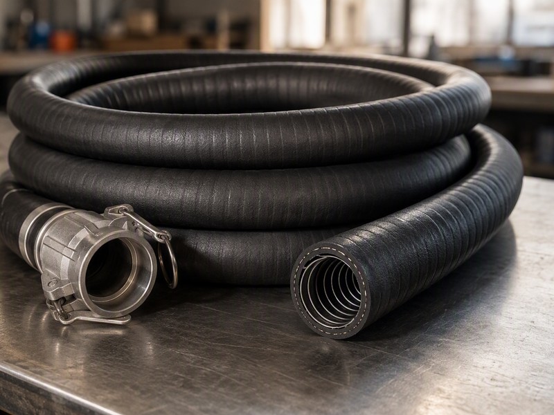 Coils of black rubber petroleum hose with steel camlock couplings on a workshop bench, cut end showing the spiral wire helix reinforcement