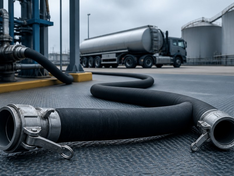 Oil transfer hose with camlock coupling coiled on a workshop floor beside a tank truck loading point, showing a typical bulk transfer setup