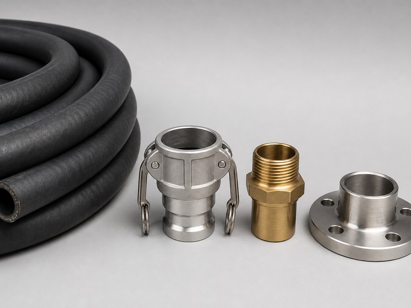 Camlock coupling, BSP threaded end, and flange fitting arranged beside a transfer hose