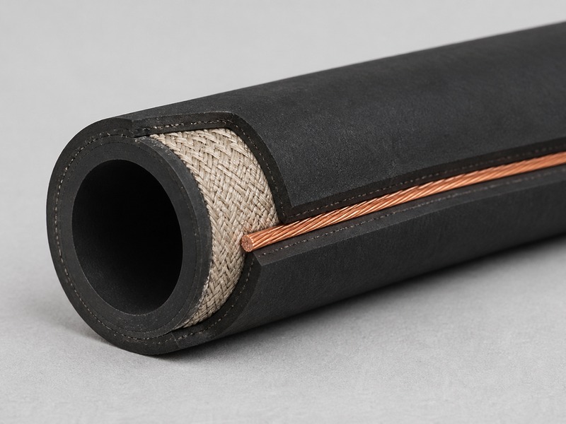 Cross-section of an oil transfer pump discharge hose showing the conductive NBR tube, textile reinforcement, cover, and internal ground wire