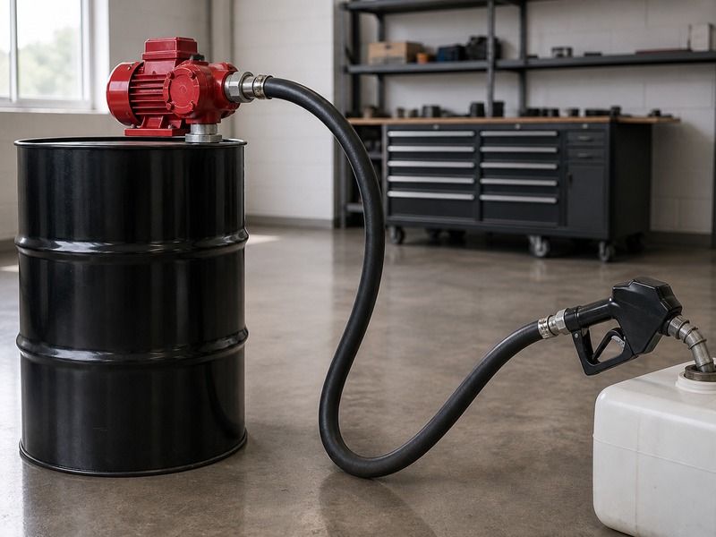 Discharge hose connected to an oil transfer pump outlet filling a fuel tank in a workshop