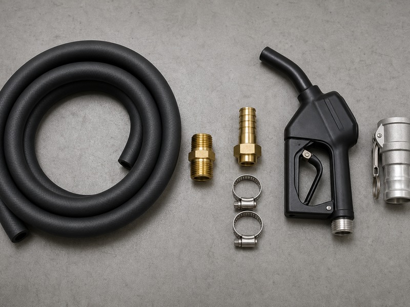 NPT threaded end, hose barb with clamps, automatic shut-off nozzle, and camlock coupling arranged beside an oil transfer pump discharge hose