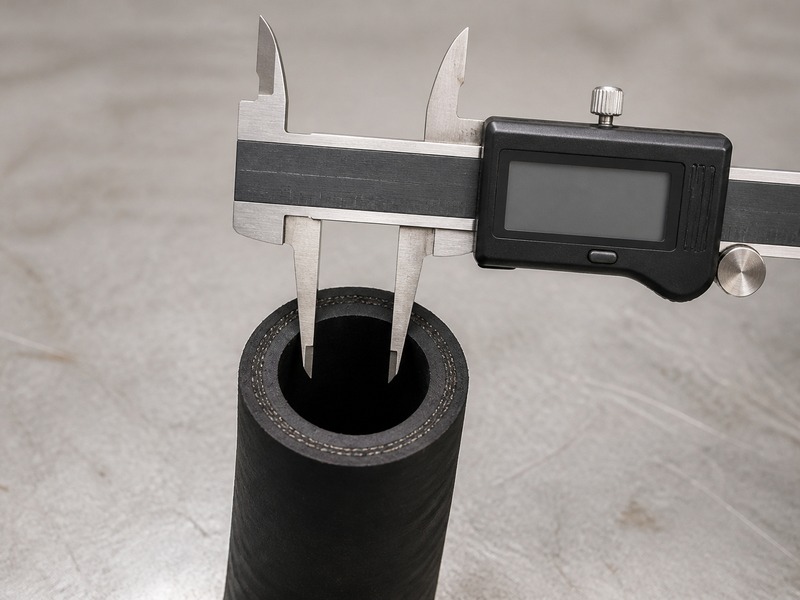 Measuring the inner diameter of a cut transfer hose end with a digital caliper
