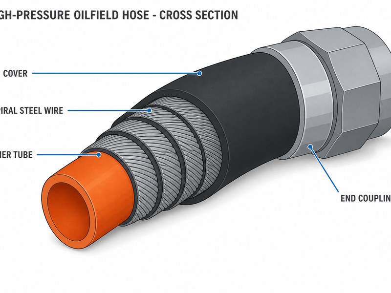 Cross-section of a high-pressure oilfield hose showing the nitrile inner tube, spiral steel wire reinforcement layers, and abrasion-resistant rubber cover