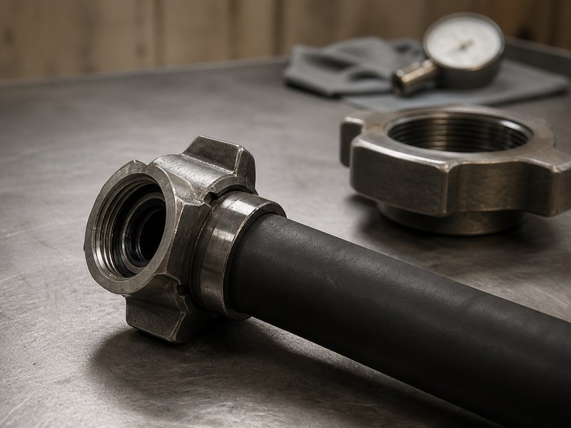 Figure 1502 hammer union end connections on a high-pressure oilfield hose assembly on an inspection bench