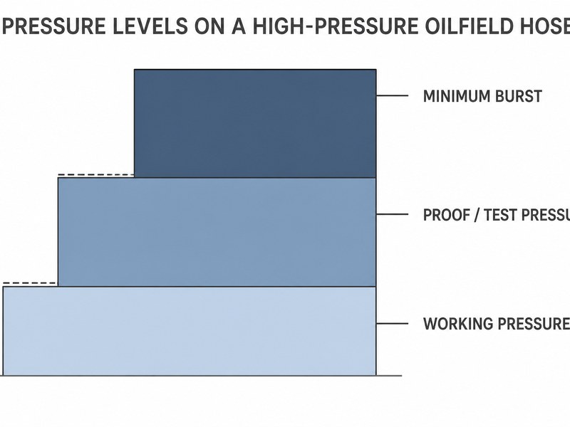 Diagram of pressure bands on a high-pressure oilfield hose from working pressure through proof test to minimum burst pressure