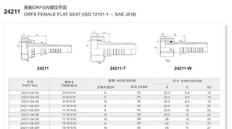 ORFS female hydraulic hose fitting specification and dimension chart for series 24211 with O-ring face seal for braided and spiral hoses