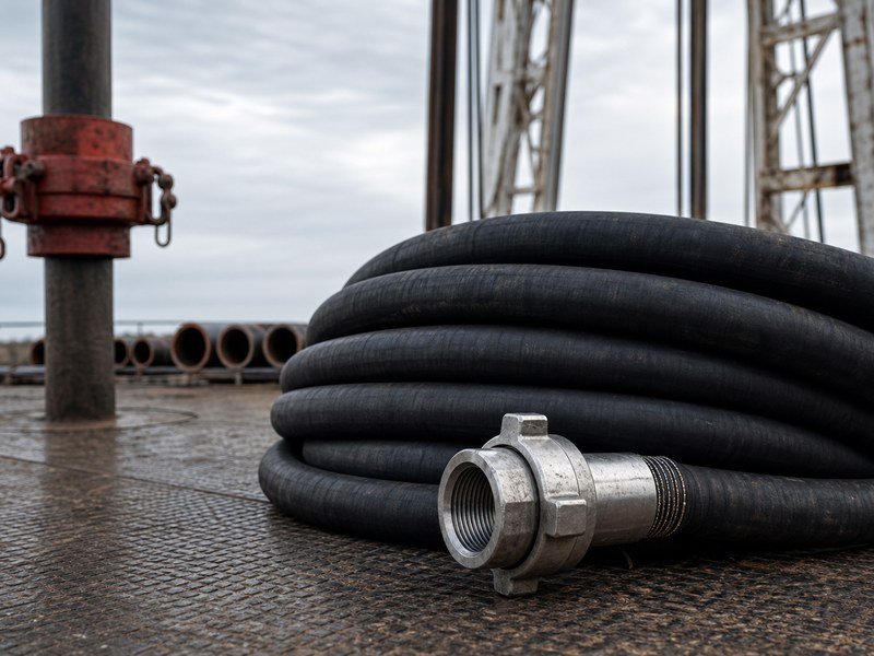 High-pressure oilfield hose coil with a steel union end on a drilling rig floor beneath the derrick