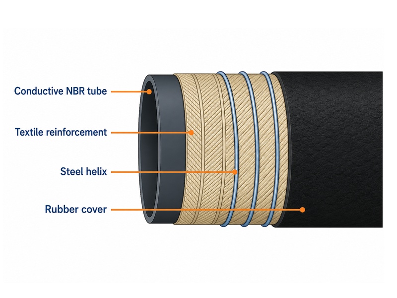 Cross-section diagram of a petroleum transfer hose showing the conductive NBR tube, textile reinforcement plies, steel helix, and rubber cover