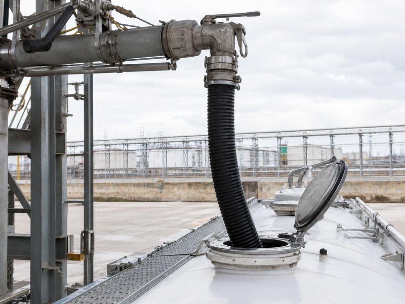 Short corrugated fuel drop hose hanging from a loading arm into the open hatch of a tank truck during top loading
