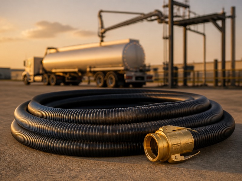Petroleum transfer hose with camlock fittings coiled beside a tank truck loading rack at a fuel terminal