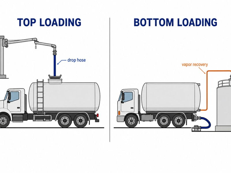 Diagram comparing top loading with a drop hose into the tank hatch and bottom loading with a vapor recovery hose connection at the tank base
