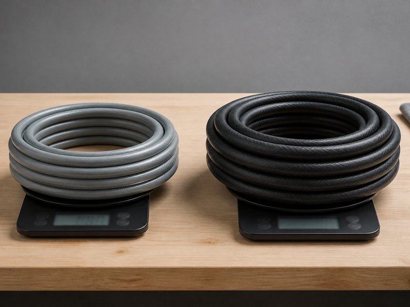 A coiled polyurethane garden hose and a coiled rubber garden hose side by side on a workshop bench, each on a digital scale showing its empty weight