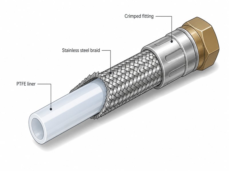 Cutaway diagram of a braided PTFE hose showing the thin PTFE liner, the single stainless steel wire braid carrying the pressure, and a crimped end fitting