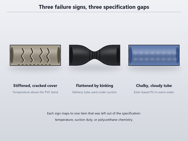 Three hose samples showing a stiffened cracked PVC cover, a kinked flattened TPR hose and a hydrolysed cloudy polyurethane tube