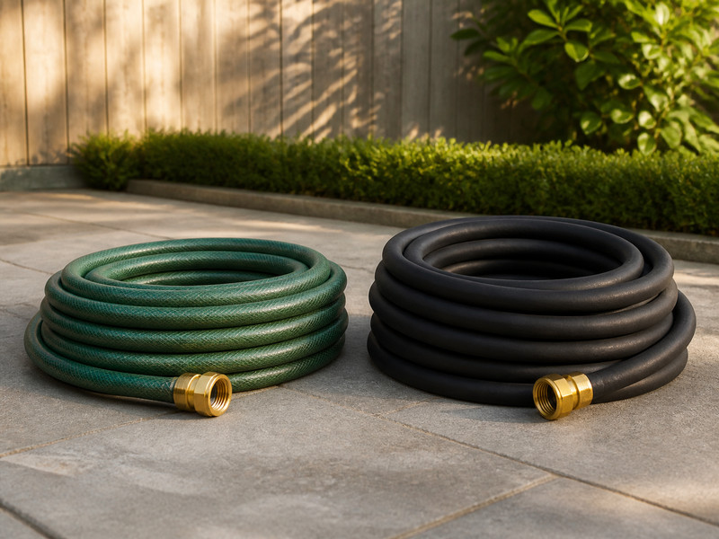 A coiled green PVC garden hose and a coiled black rubber garden hose lying side by side on paving, both fitted with brass couplings
