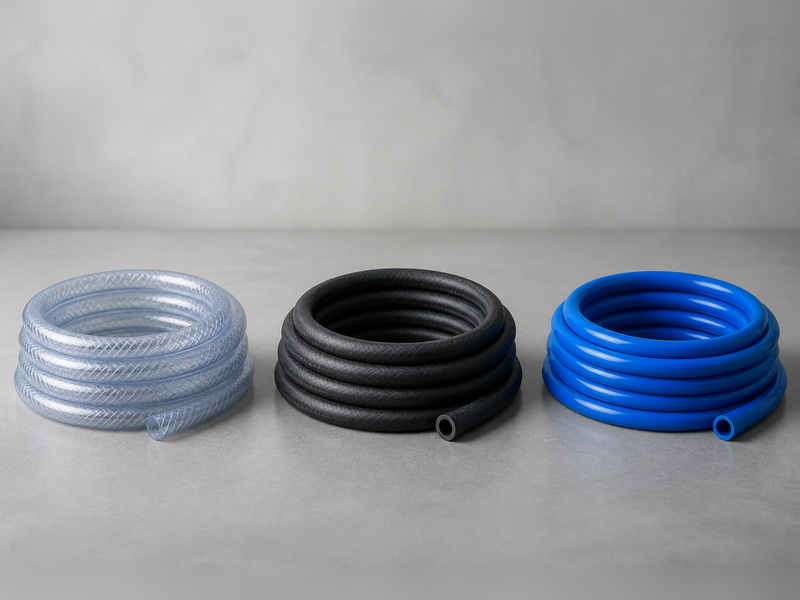 Three hose coils side by side on a workshop bench: a clear PVC water hose, a black TPR rubber-blend hose and a blue ether-based polyurethane hose
