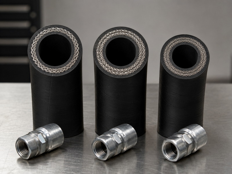 SAE 100R1, SAE 100R2 and SAE 100R16 hydraulic hose coils and cut samples side by side on a workshop bench