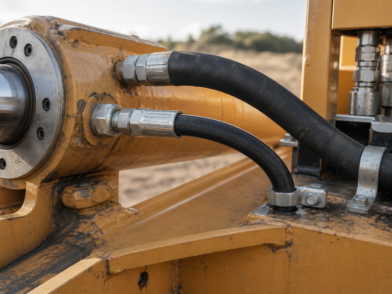 SAE 100R16 compact hydraulic hose installed on a moving cylinder with a tight bend radius and crimped fittings at both ends