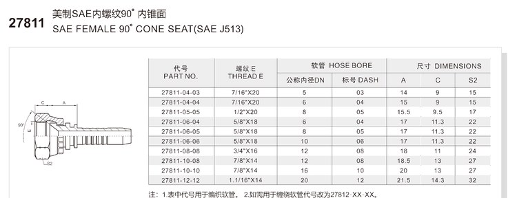 SAE female 90 degree cone seat hydraulic hose fitting specification and dimension chart for series 27811 per SAE J513 for braided and spiral hoses