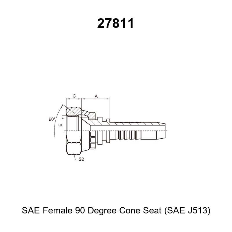 SAE female 90 degree cone seat hydraulic hose fitting series 27811 per SAE J513 for braided and spiral hoses