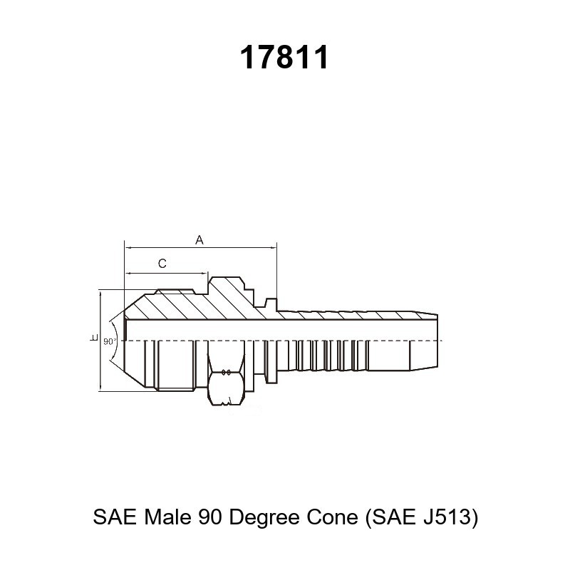 SAE male 90 degree cone hydraulic hose fitting series 17811 per SAE J513 for braided and spiral hoses