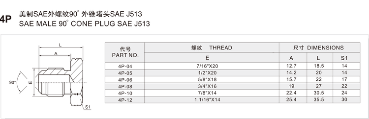 SAE Male 90 Degree Cone Plug SAE J513, model 4P, dimension drawing and size chart