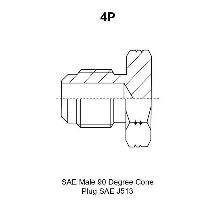 SAE Male 90 Degree Cone Plug SAE J513, model 4P, line drawing