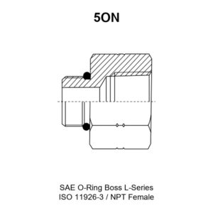 5ON adapter drawing with the SAE O-ring boss stud end marked E and the NPT female end marked F, plus the O-ring groove, boss diameter W, boss length A, overall length L and hex S1