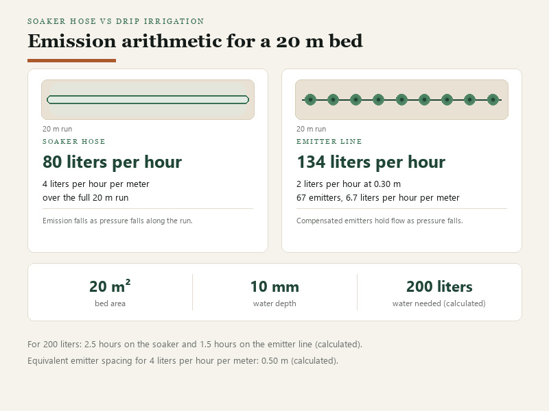 Emission comparison across a 20 m bed: a soaker hose spreading 80 liters per hour against 67 emitters delivering 134 liters per hour