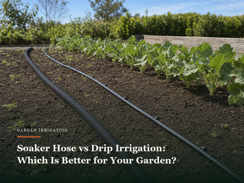 A matte black soaker hose and a thin drip irrigation line laid side by side along a mulched garden bed, showing the two watering systems compared