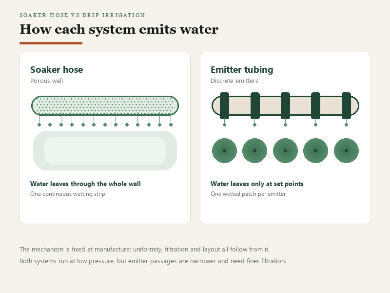 Soaker hose with a porous wall seeping water along its whole length beside emitter tubing that releases water only at spaced points