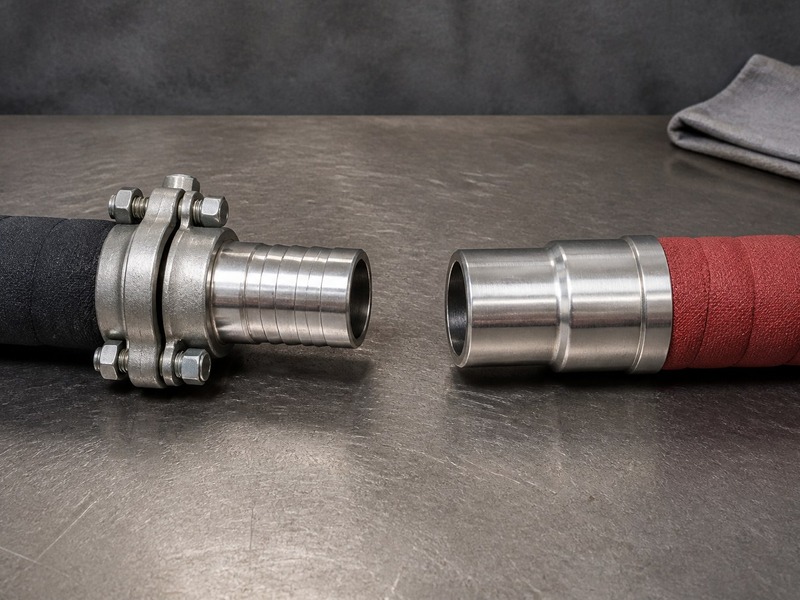 A steam hose with a bolted safety clamp and hose tail on the left, and a crimped ferrule assembly on the right that is not used for steam