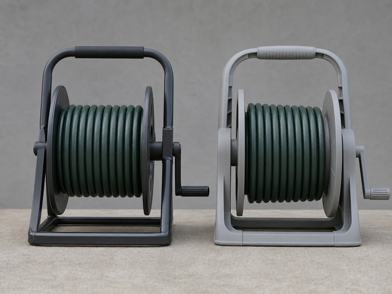 Hose reel drum and frame in two materials: a welded steel frame beside a molded polymer frame photographed at the same scale