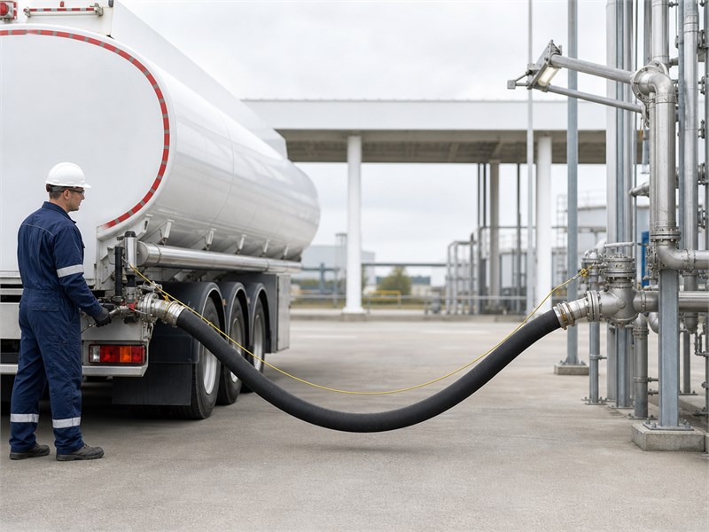 A road tanker at a fuel depot with its loading arm connected to a 4-inch petroleum hose and a yellow grounding cable visible in daylight