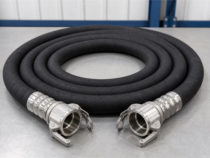 Factory-crimped 3-inch hose assembly with stainless steel camlock couplings on both ends, coiled on a workshop bench and ready for fitting to a loading arm