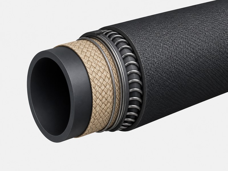 Cutaway view of the hose showing the conductive NBR inner tube, textile reinforcement plies, spiral steel wire helix, and abrasion-resistant rubber cover