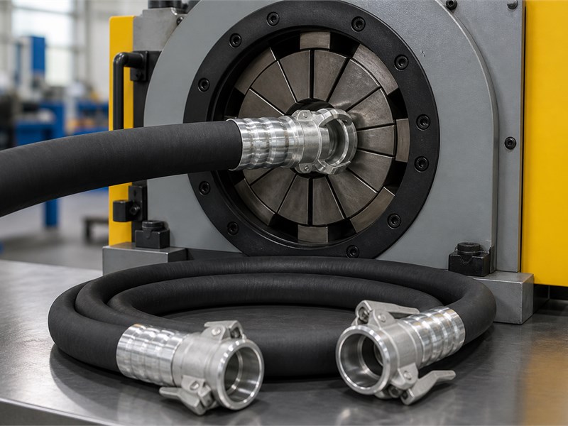 Factory proof test of a crimped tank truck hose assembly: the ferrule pressed on the hose and the assembly on a hydrostatic test bench with pressure gauge