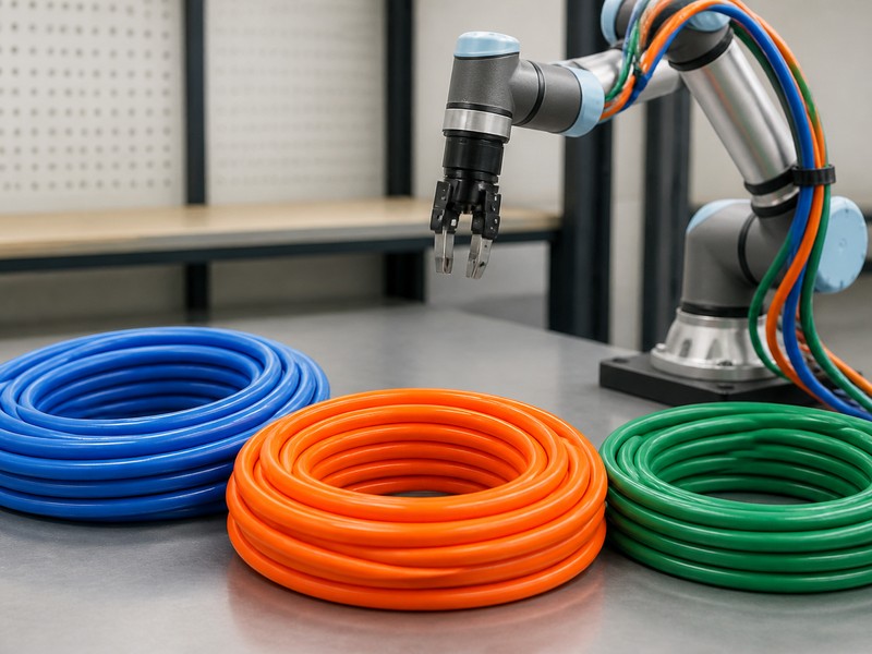Thermoplastic fuel hose and oil hose coils in blue, orange, and green beside a lightweight robotic arm assembly in a workshop