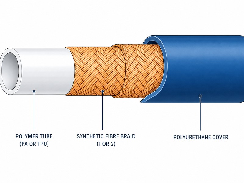 Cross-section diagram of a thermoplastic oil and fuel hose showing the polymer tube, one or two synthetic fibre braids, and the polyurethane cover