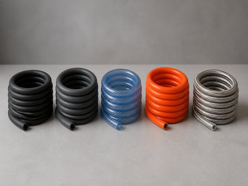 Coils of five flexible hose materials on a workshop bench: black rubber water hose, black EPDM coolant hose, clear blue PVC hose, orange polyurethane air hose and a stainless steel braided PTFE hose