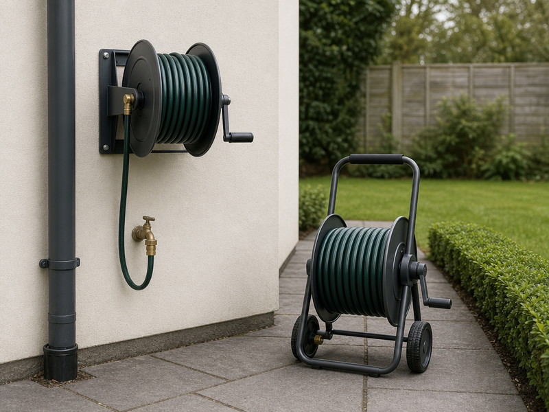 A small hose reel wall mount fixed on the narrow wall section between the downpipe and the house corner, with a portable hose reel on the path in front