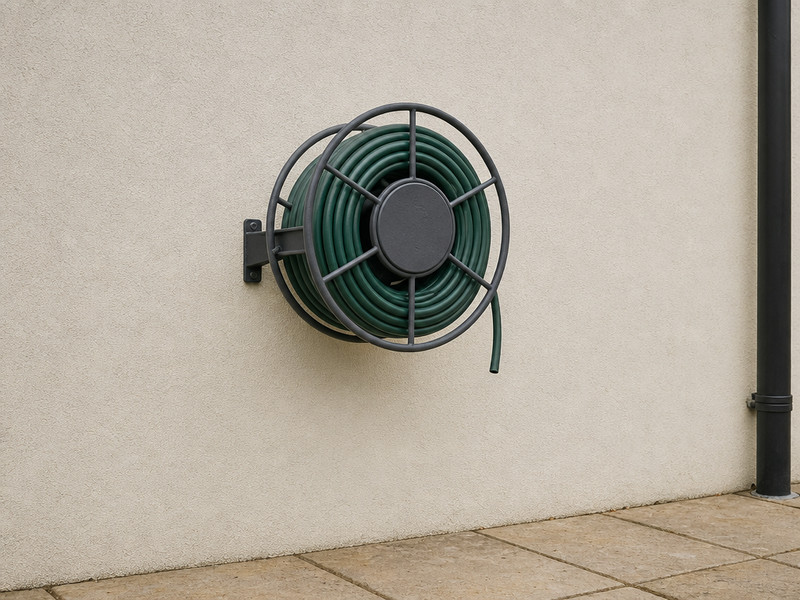 Wall-mounted reel holding a drained coil.