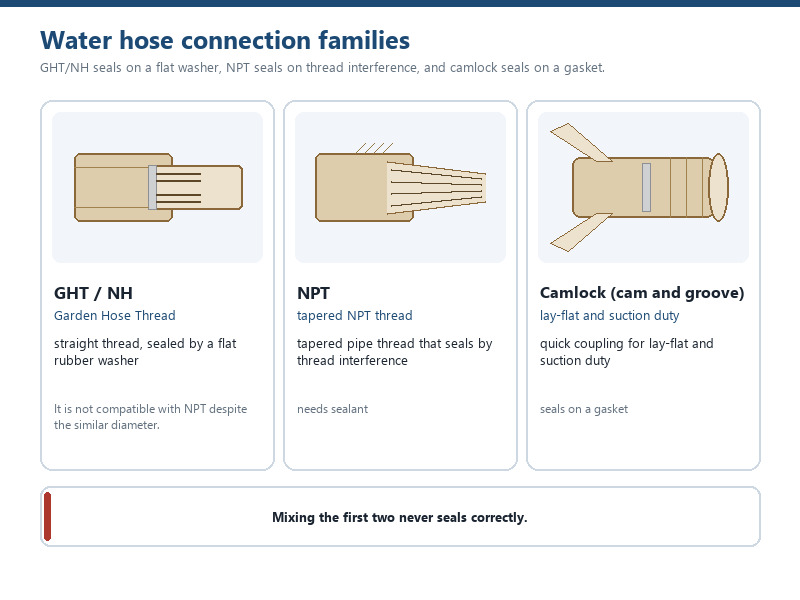 water hose fittings comparison showing GHT flat washer seal, tapered NPT thread and camlock coupling