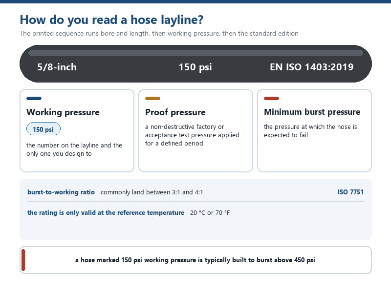 water hose pressure rating explained showing working pressure, proof pressure and burst pressure on a layline